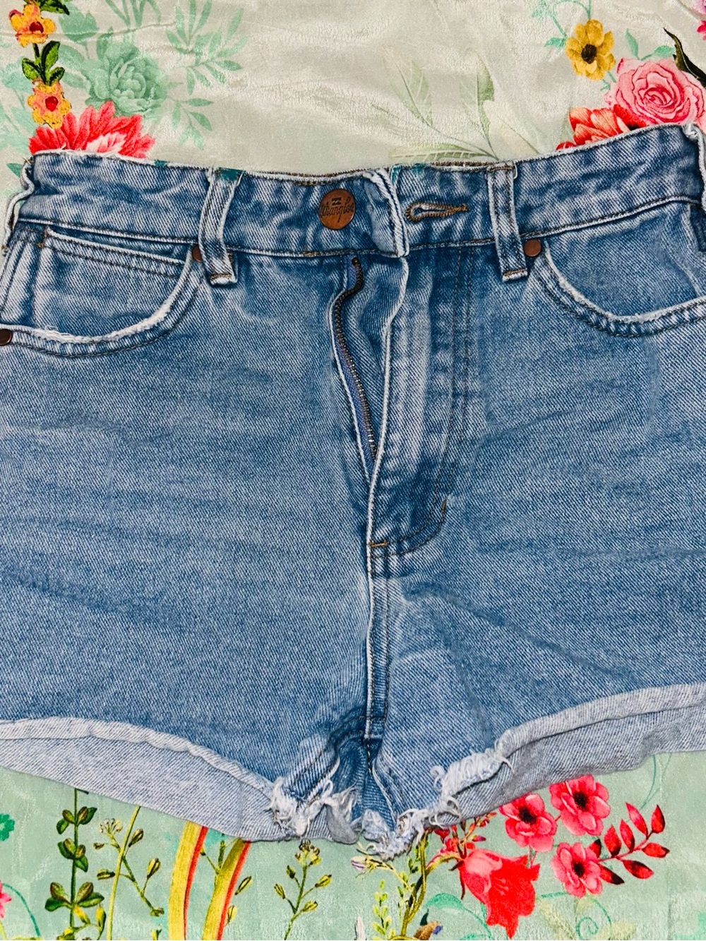 Wrangler/Billabong Collaboration Light Blue High-Rise Denim Cutoff Shorts